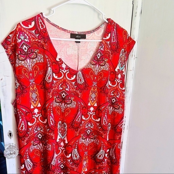 ELLOS Red Paisly Shift Dress Capped Sleeves Scoop Neck 100 Viscose Knee Length M - Picture 4 of 12